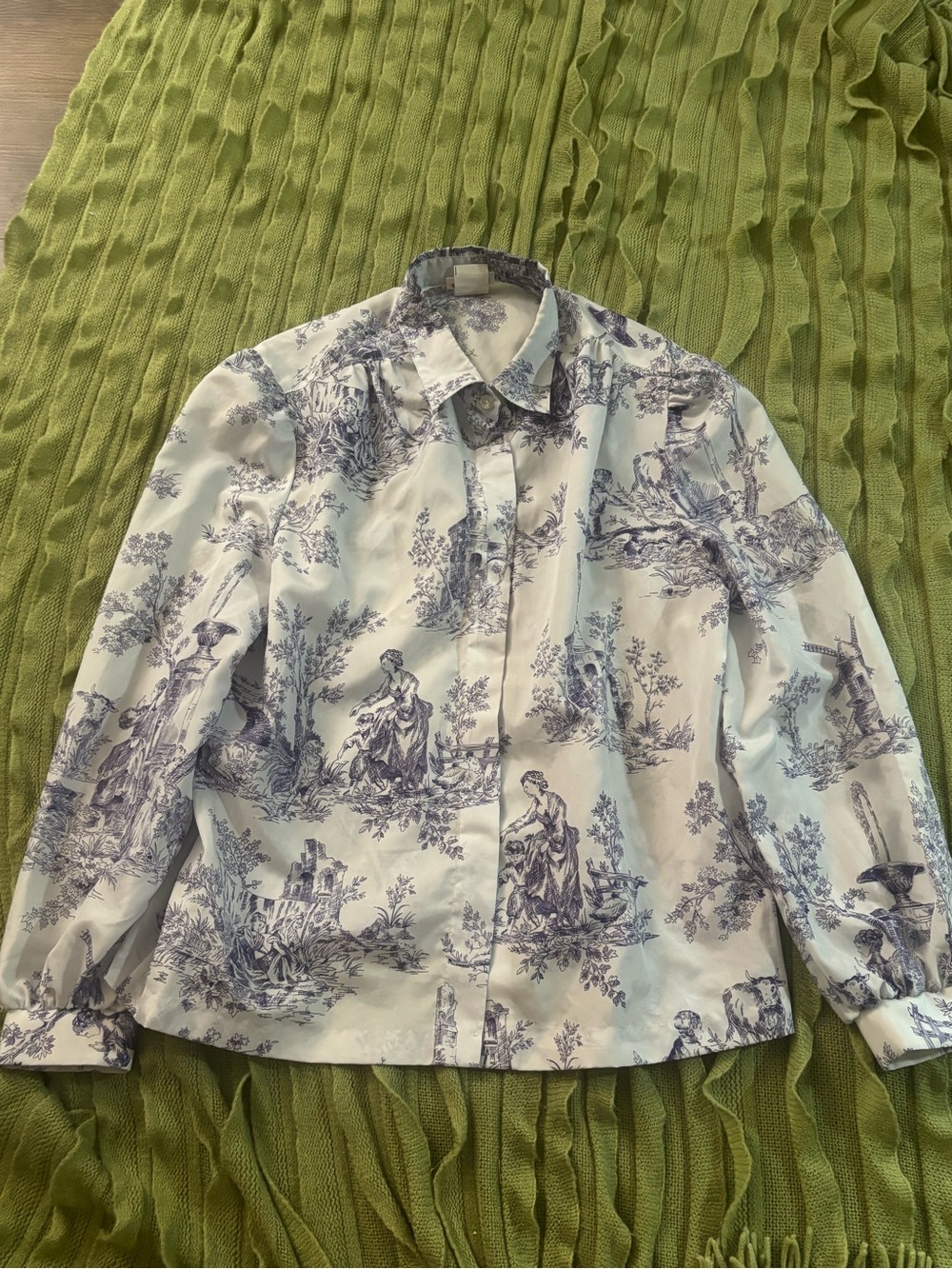 Blue Toile Print Button-Front Women's Top
